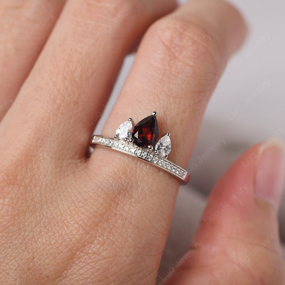 Teardrop Garnet 3 Stone Mothers Ring Silver - LUO Jewelry