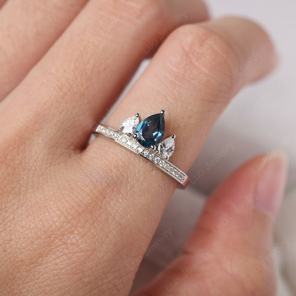 Teardrop London Blue Topaz 3 Stone Mothers Ring Silver - LUO Jewelry