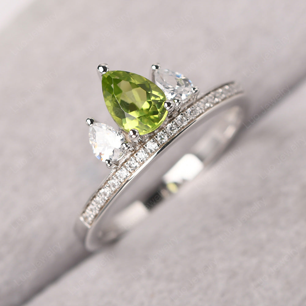 Teardrop Peridot 3 Stone Mothers Ring Silver - LUO Jewelry