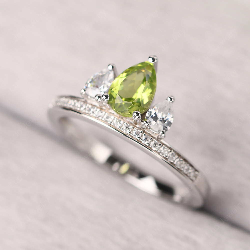 Teardrop Peridot 3 Stone Mothers Ring Silver - LUO Jewelry