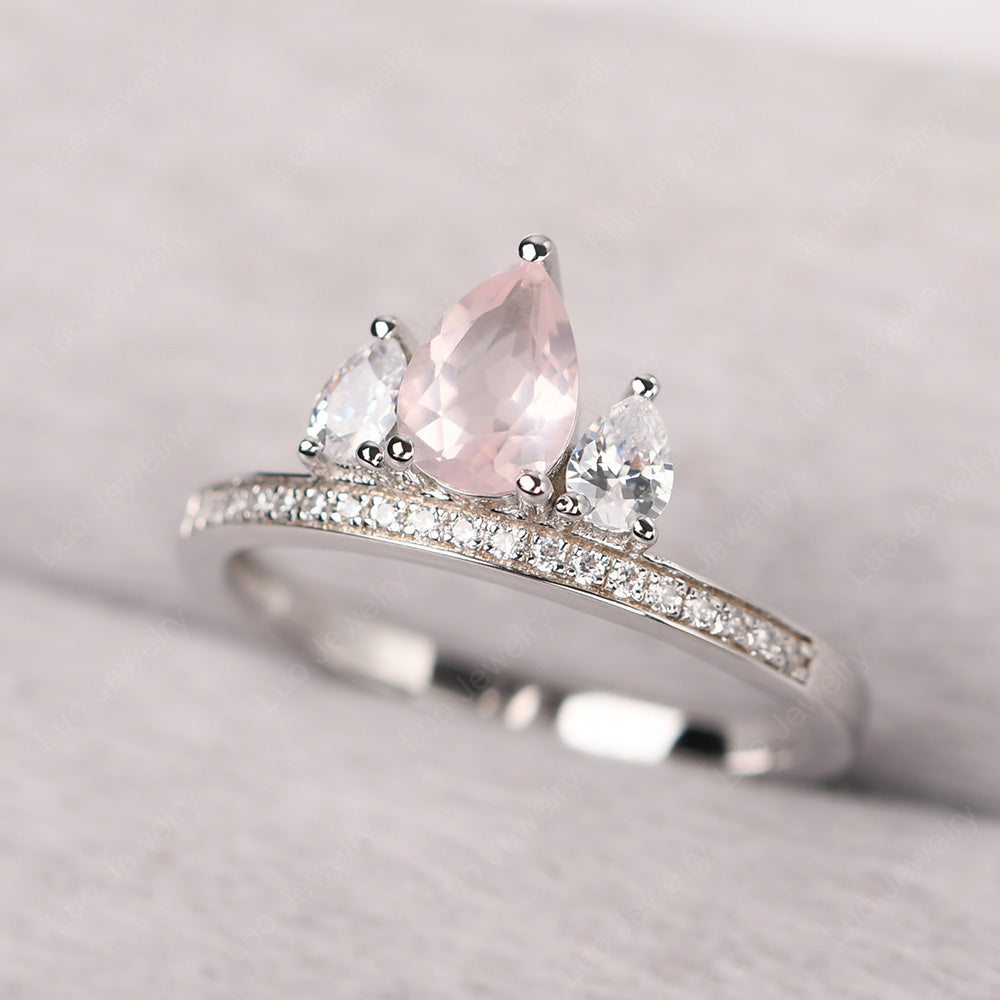 Teardrop Rose Quartz 3 Stone Mothers Ring Silver - LUO Jewelry