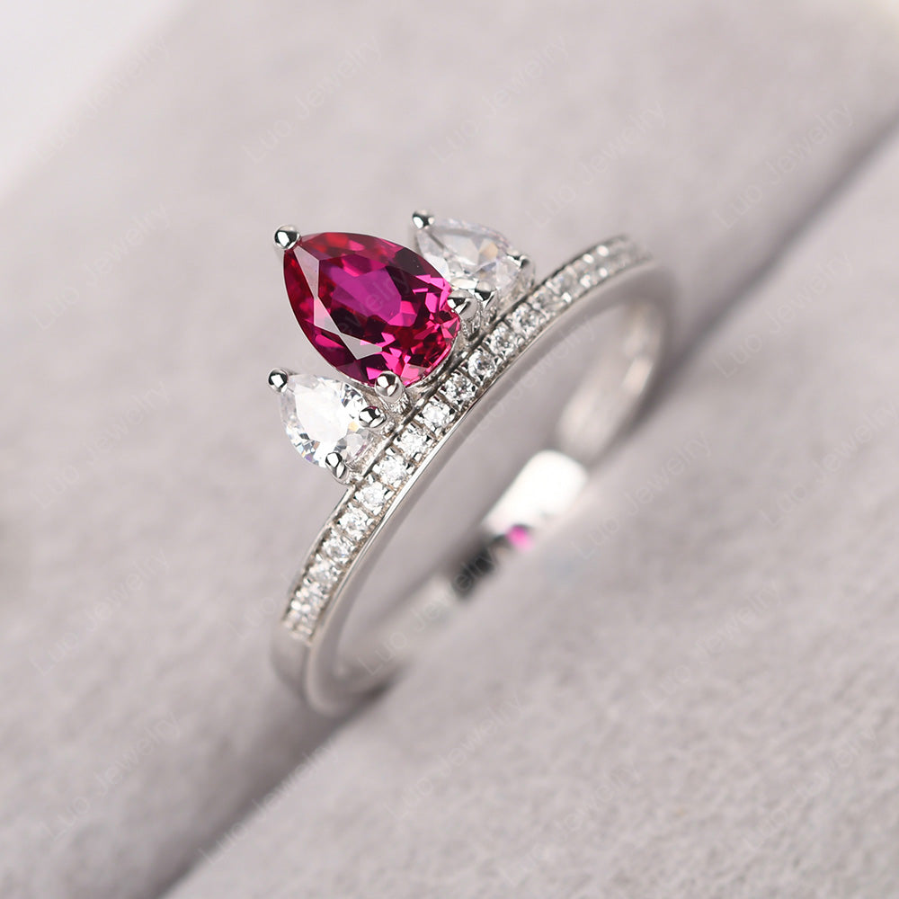 Teardrop Ruby 3 Stone Mothers Ring Silver - LUO Jewelry
