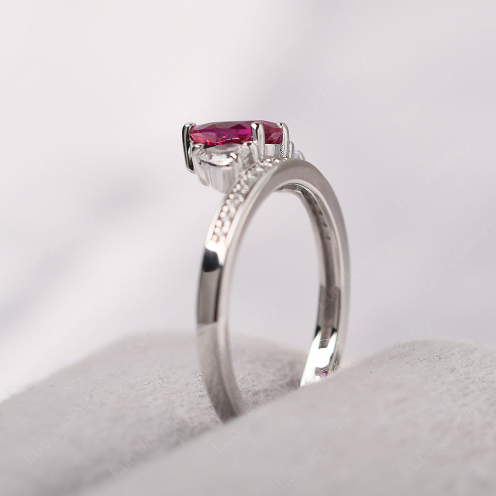 Teardrop Ruby 3 Stone Mothers Ring Silver - LUO Jewelry