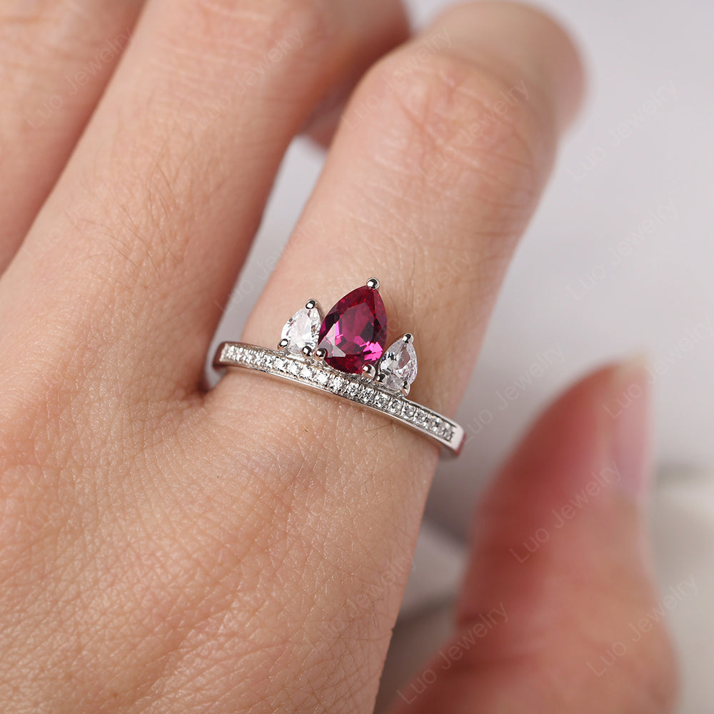 Teardrop Ruby 3 Stone Mothers Ring Silver - LUO Jewelry