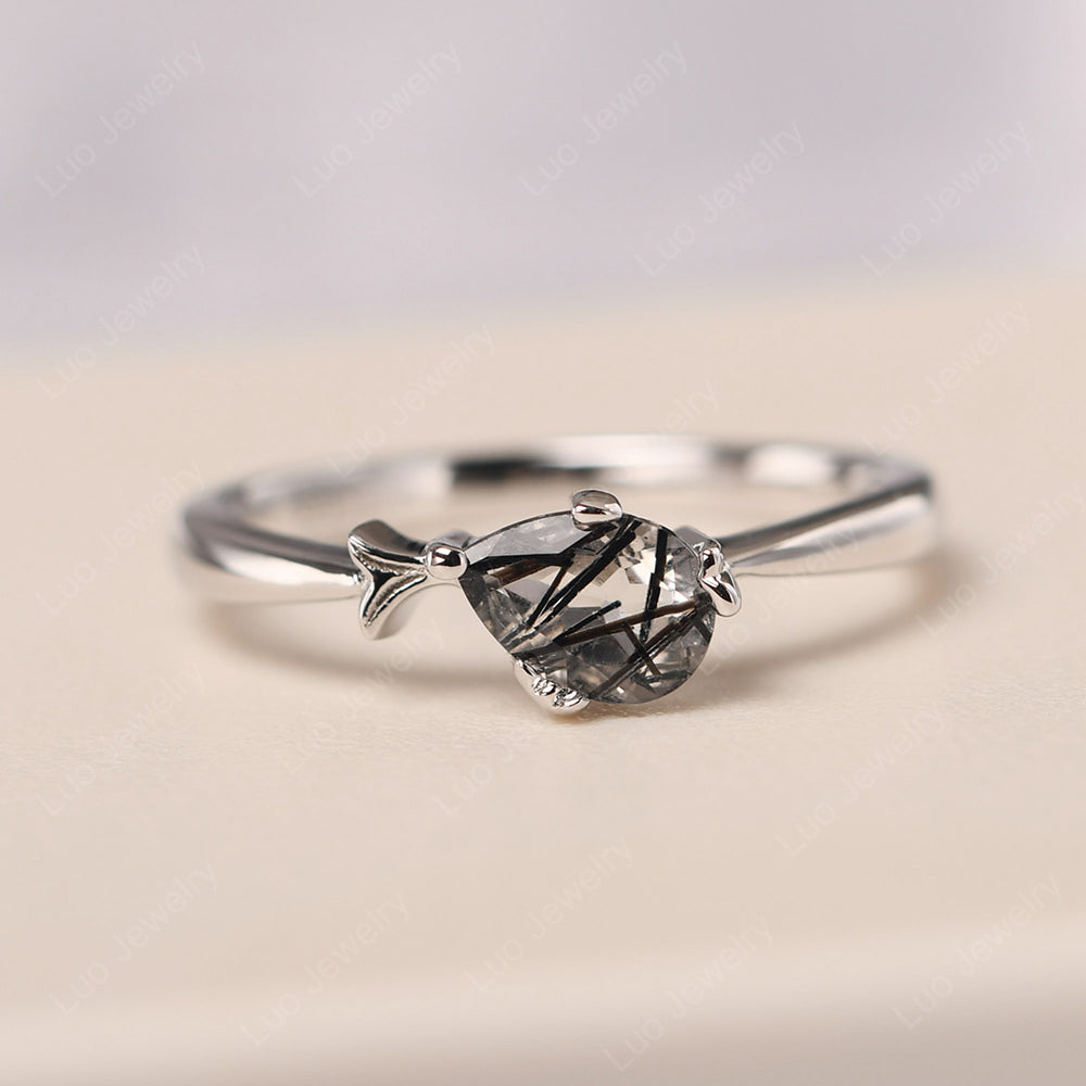 Pear Shaped Black Rutilated Quartz Ring Fish Ring - LUO Jewelry
