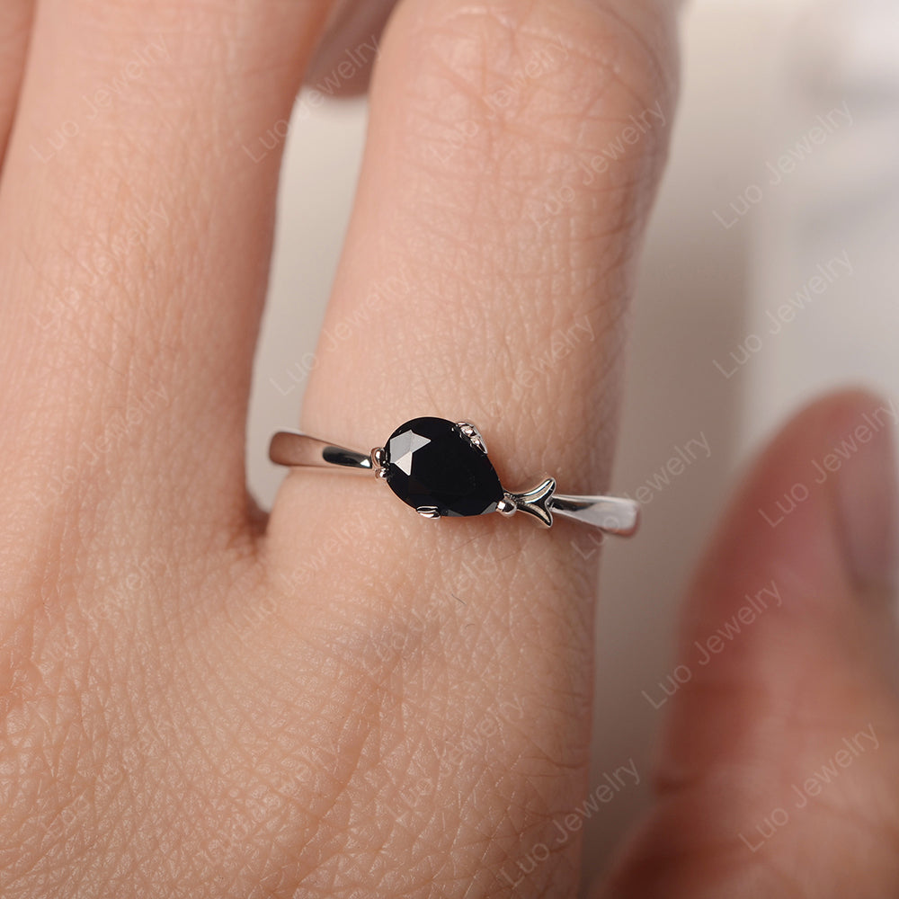 Pear Shaped Black Stone Ring Fish Ring - LUO Jewelry