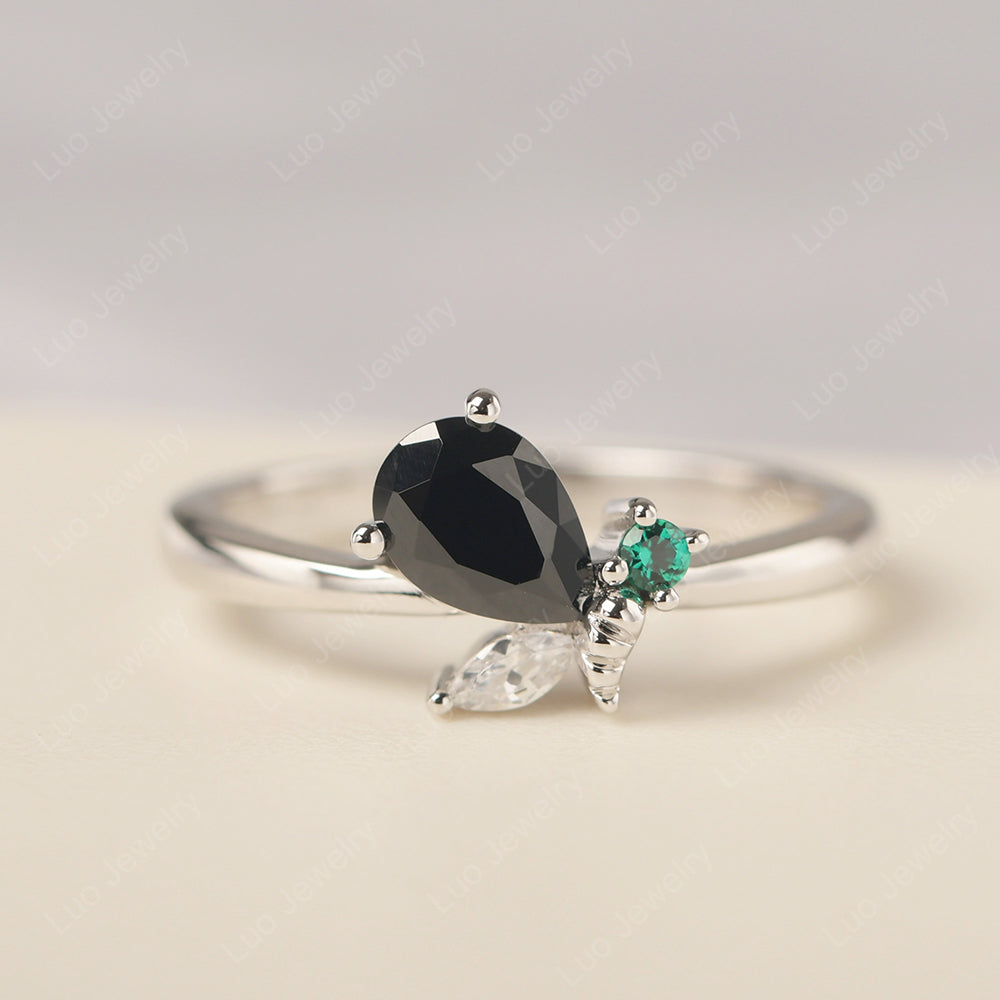 Black Stone Engagement Ring Butterfly Ring - LUO Jewelry