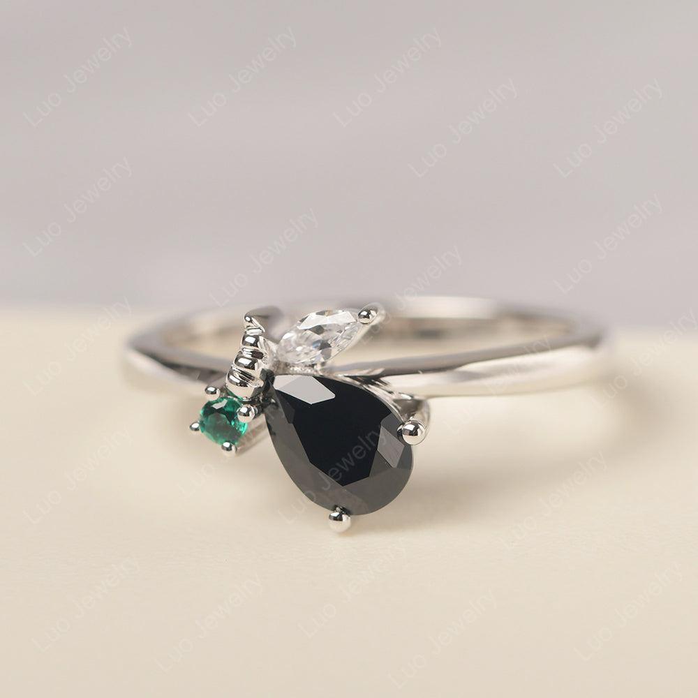 Black Stone Engagement Ring Butterfly Ring - LUO Jewelry