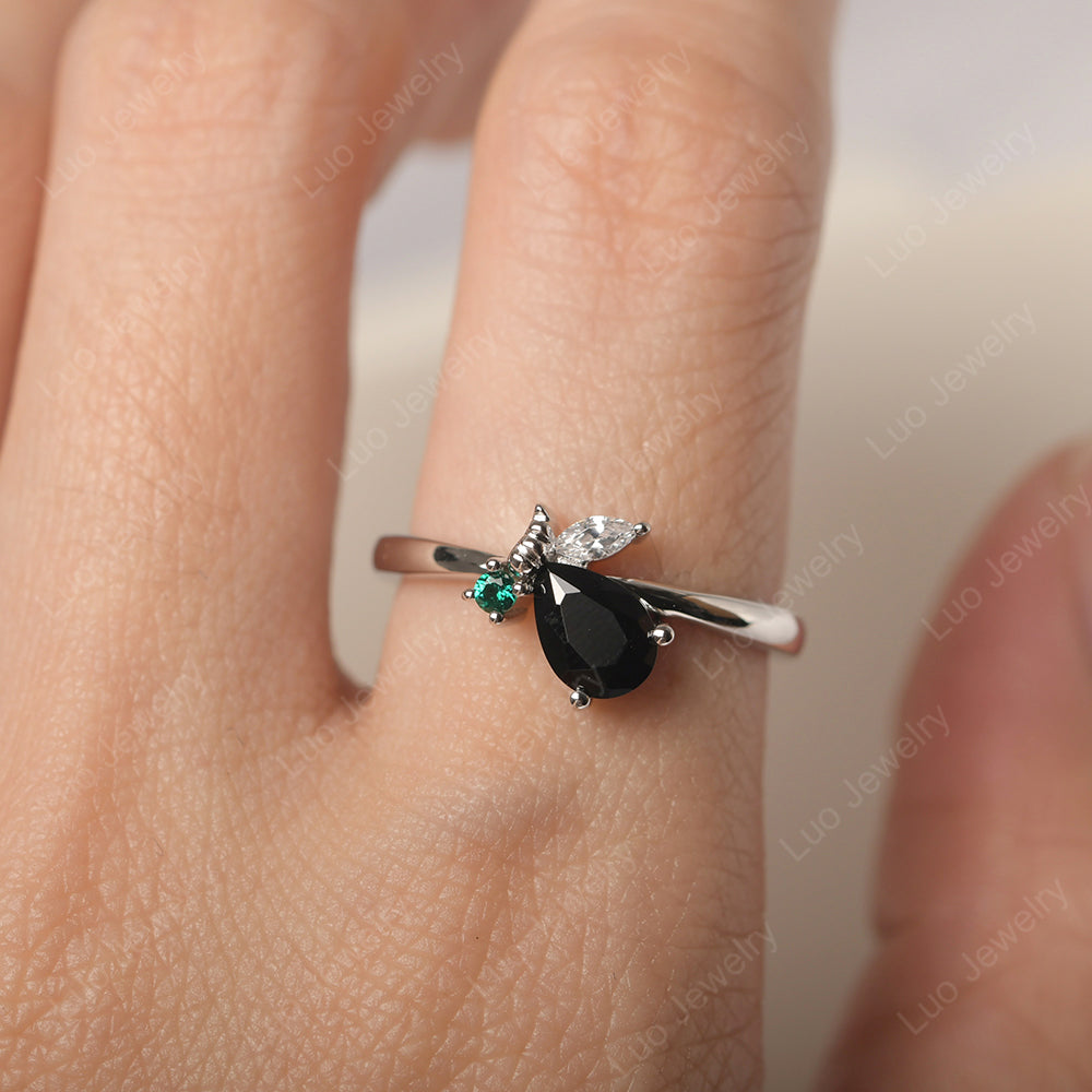 Black Stone Engagement Ring Butterfly Ring - LUO Jewelry