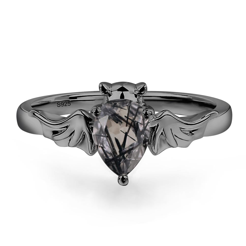 Black Rutilated Quartz Bat Engagement Ring - LUO Jewelry #metal_black finish sterling silver