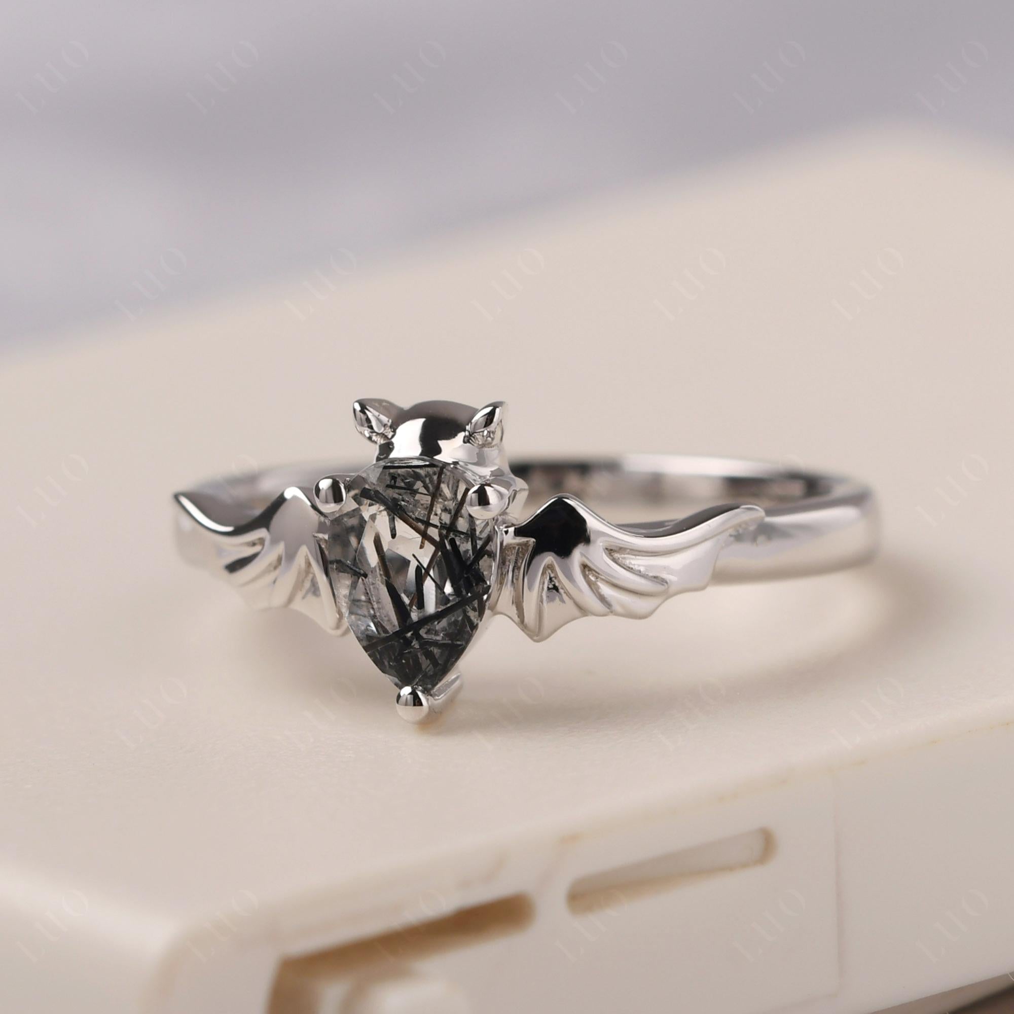 Black Rutilated Quartz Bat Engagement Ring - LUO Jewelry