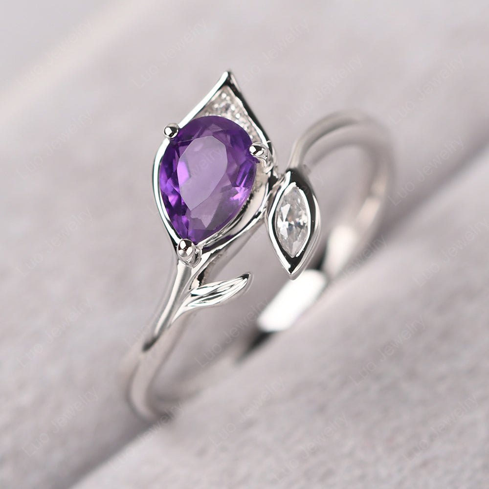 Pear Shaped Amethyst Leaf Engagement Ring - LUO Jewelry