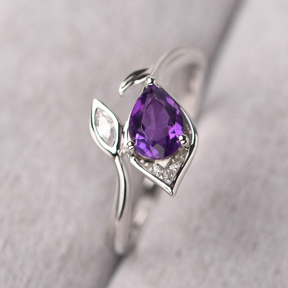 Pear Shaped Amethyst Leaf Engagement Ring - LUO Jewelry