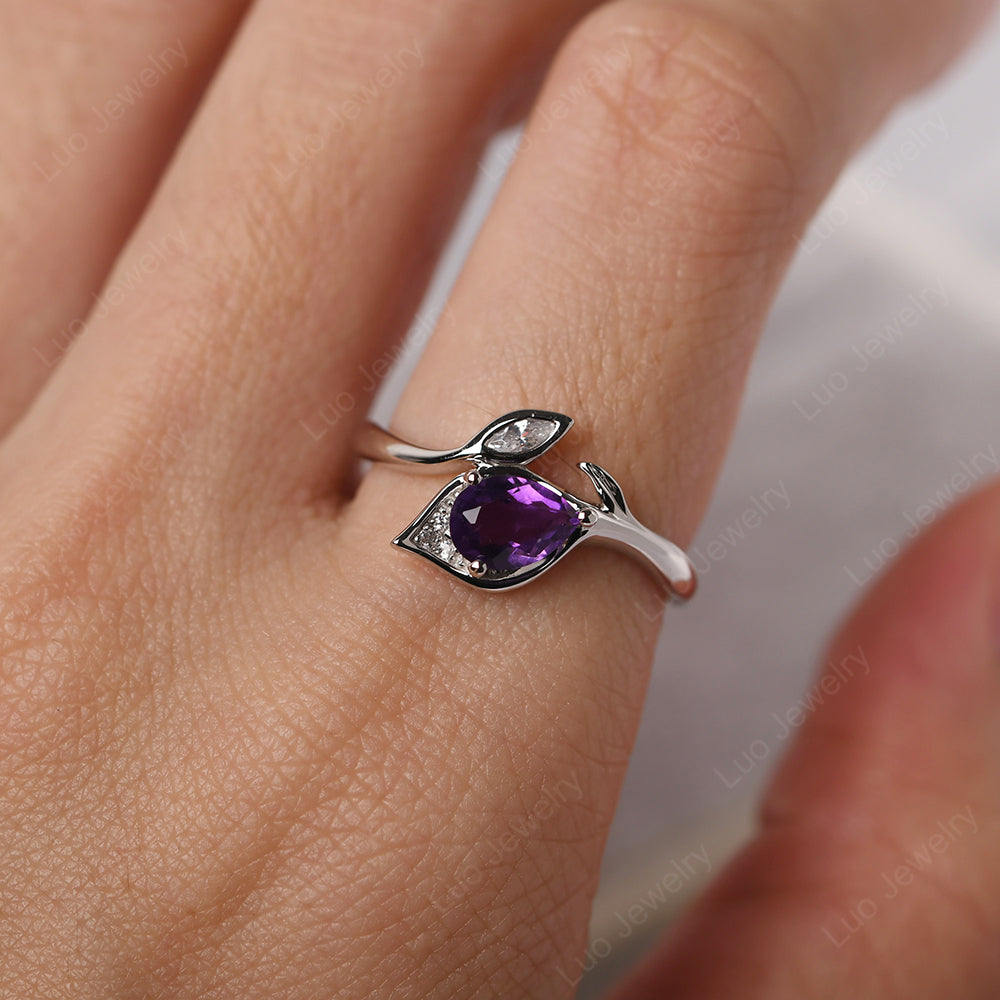 Pear Shaped Amethyst Leaf Engagement Ring - LUO Jewelry