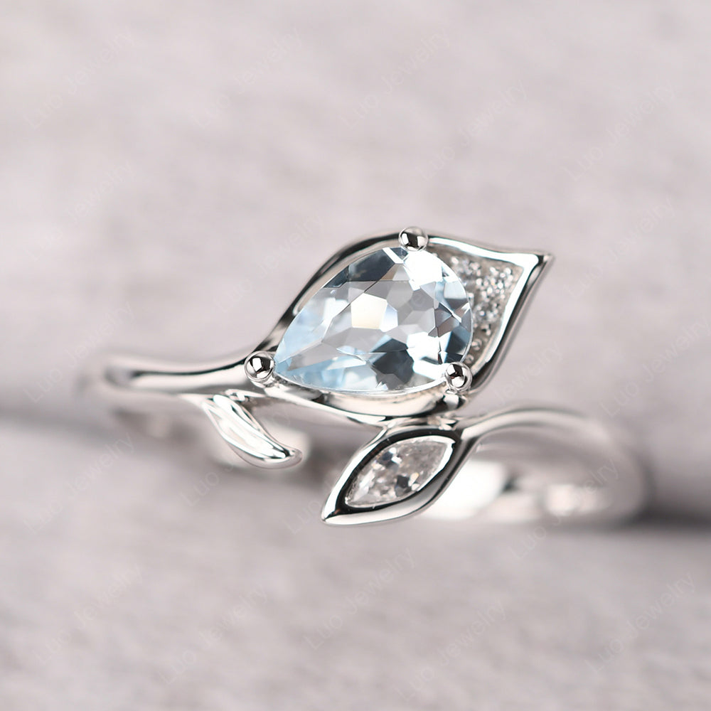 Pear Shaped Aquamarine Leaf Engagement Ring - LUO Jewelry