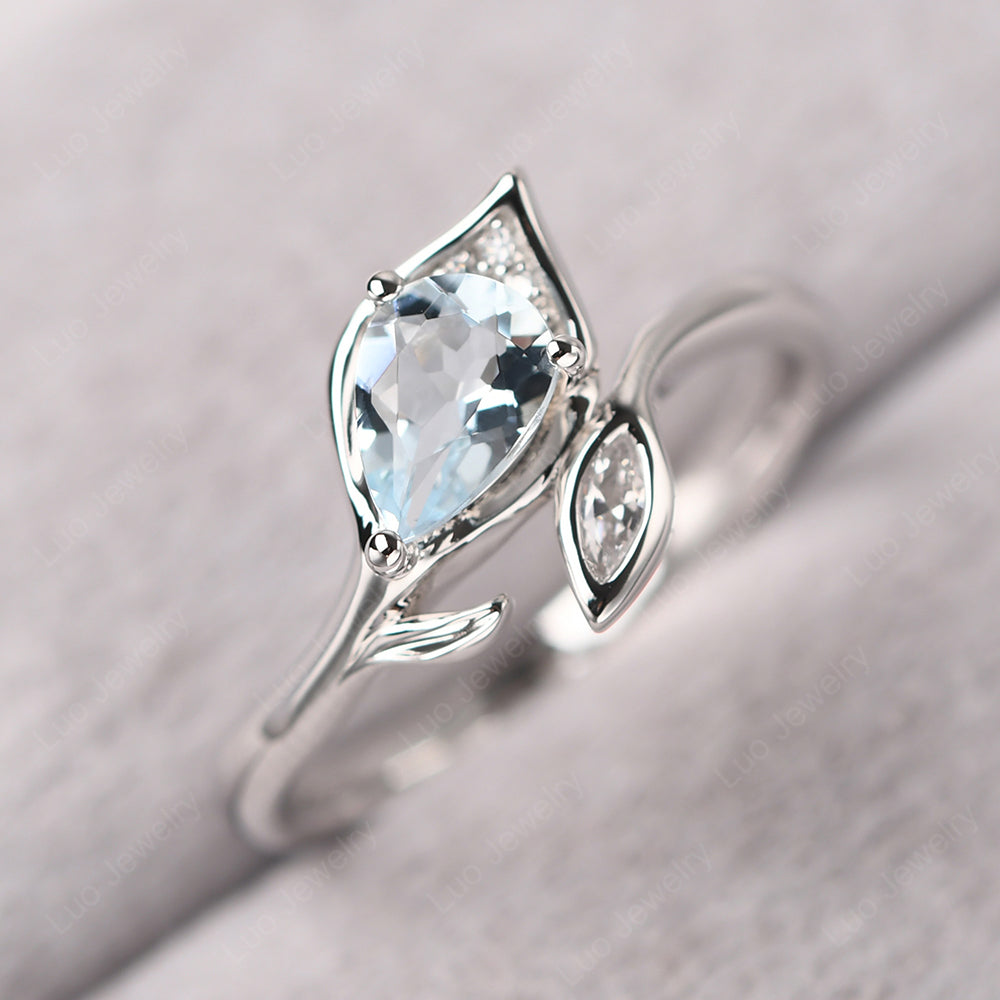 Pear Shaped Aquamarine Leaf Engagement Ring - LUO Jewelry