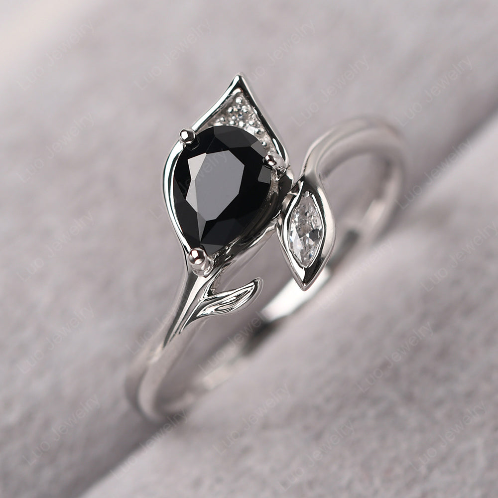 Pear Shaped Black Spinel Leaf Engagement Ring - LUO Jewelry