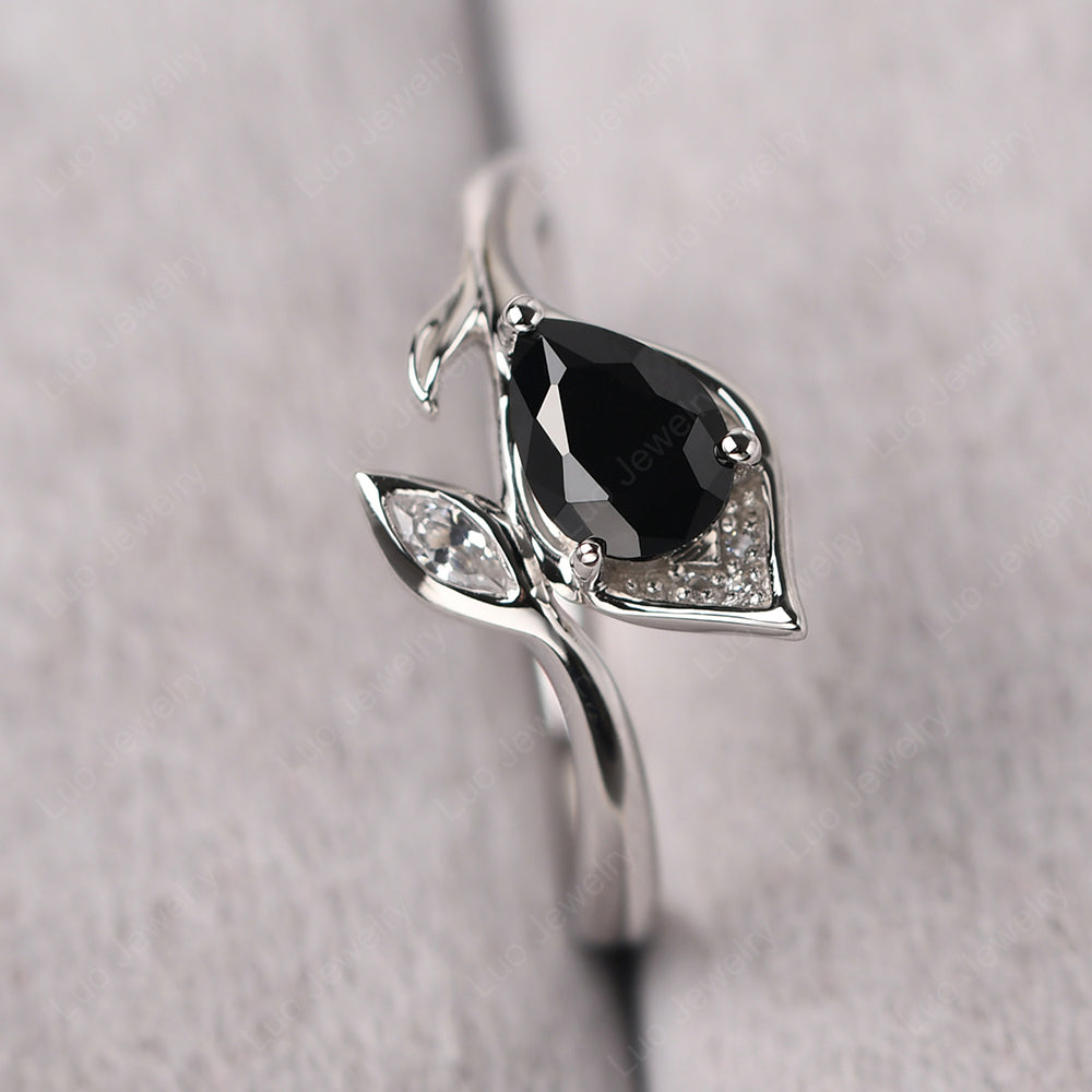 Pear Shaped Black Spinel Leaf Engagement Ring - LUO Jewelry