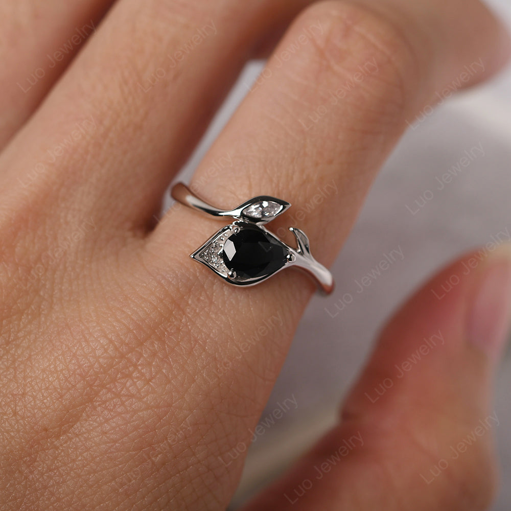 Pear Shaped Black Spinel Leaf Engagement Ring - LUO Jewelry