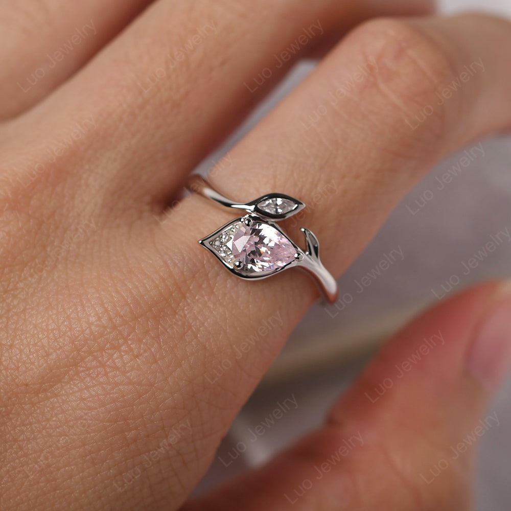 Pear Shaped Cubic Zirconia Leaf Engagement Ring - LUO Jewelry