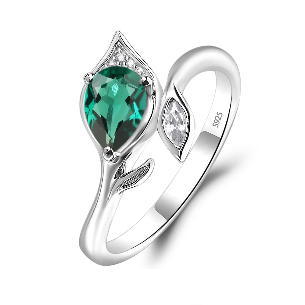 Pear Shaped Emerald Leaf Engagement Ring - LUO Jewelry