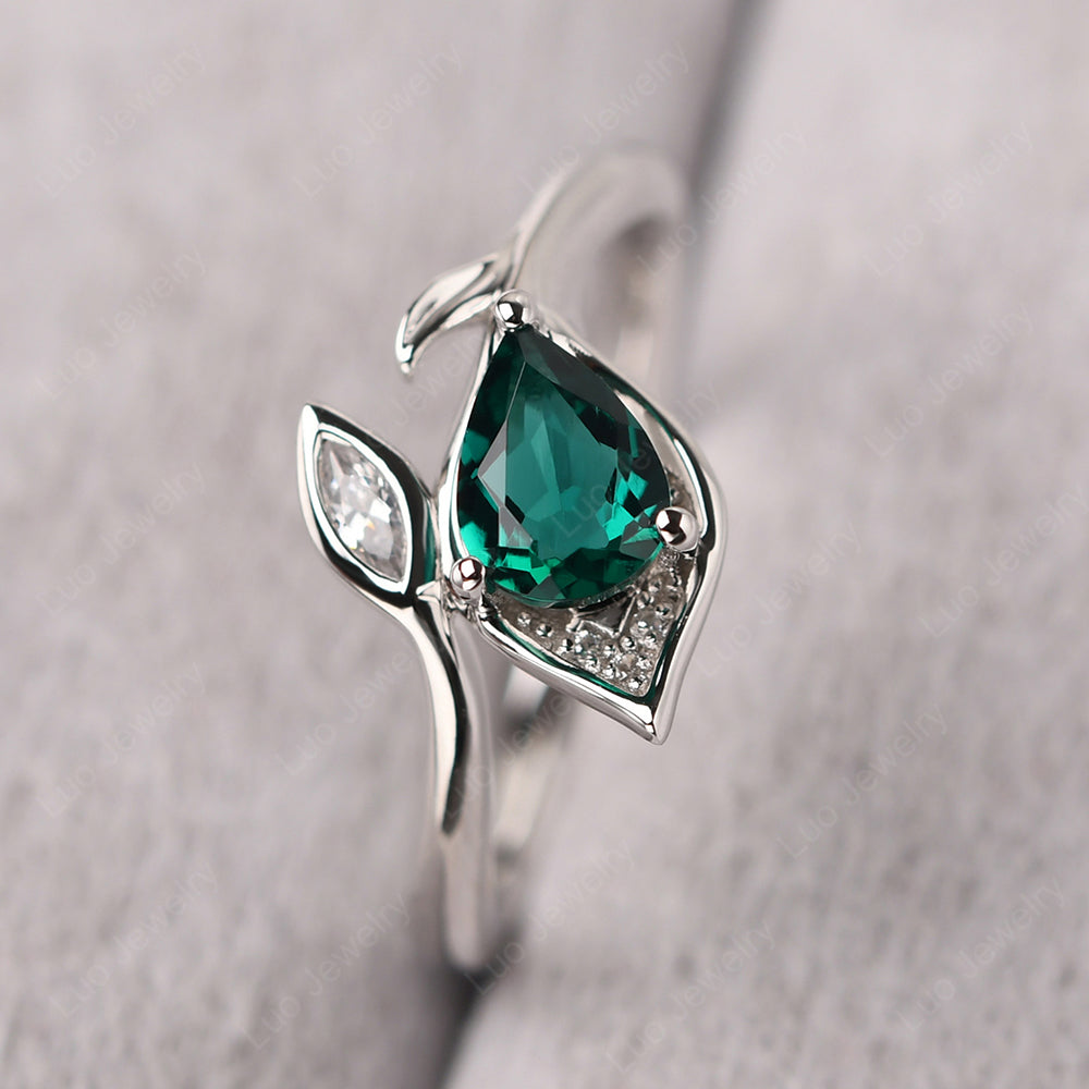 Pear Shaped Emerald Leaf Engagement Ring - LUO Jewelry