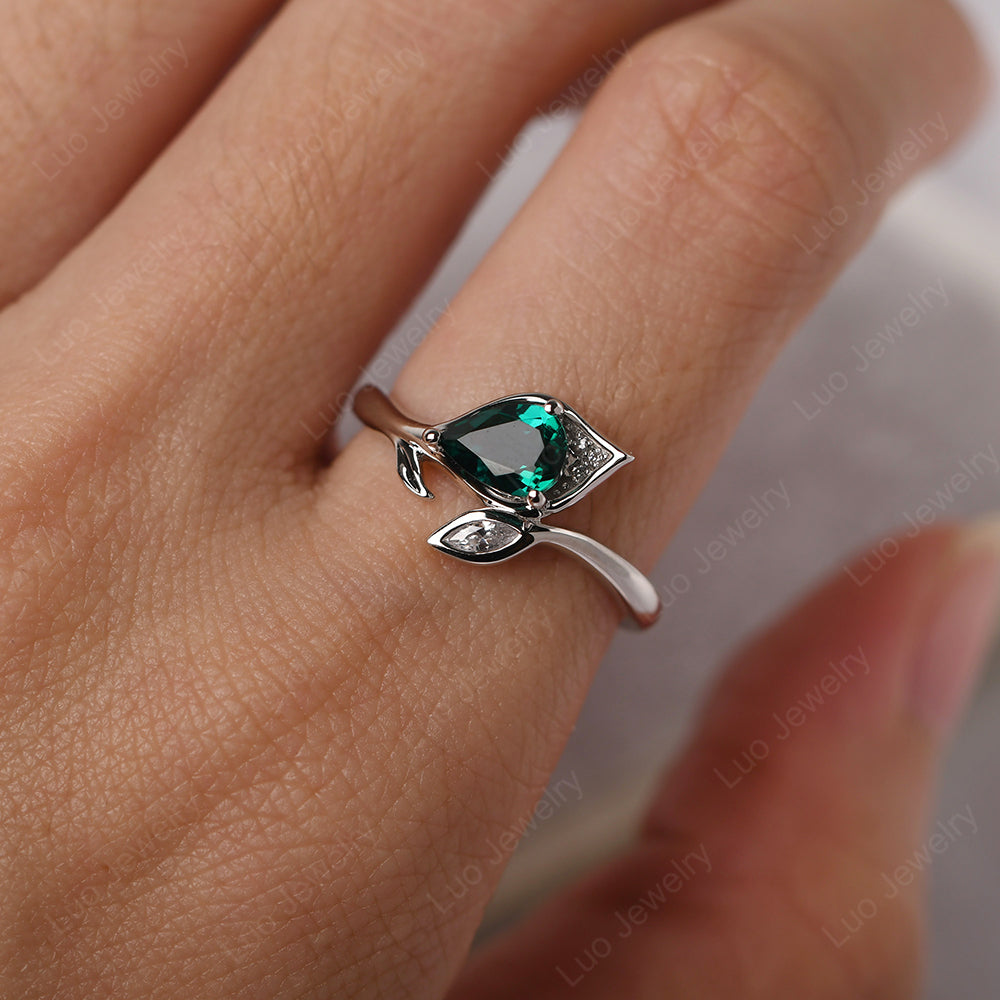 Pear Shaped Emerald Leaf Engagement Ring - LUO Jewelry