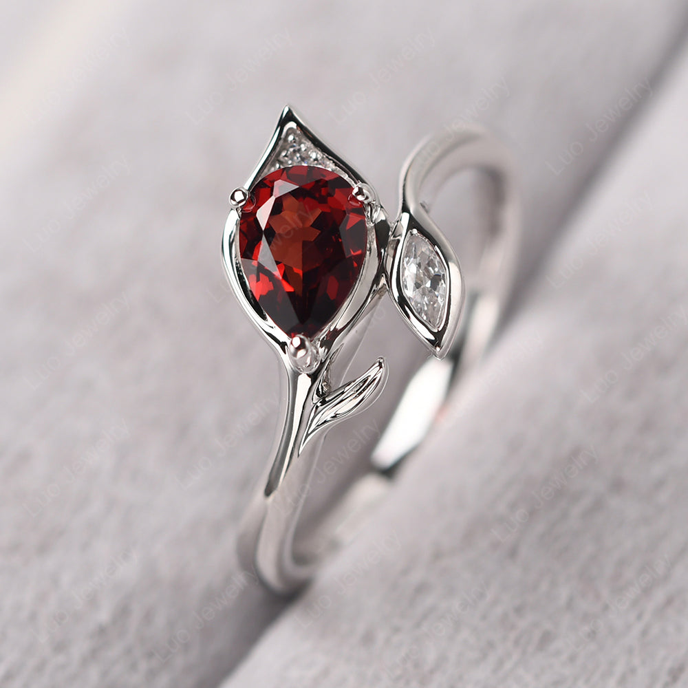 Pear Shaped Garnet Leaf Engagement Ring - LUO Jewelry
