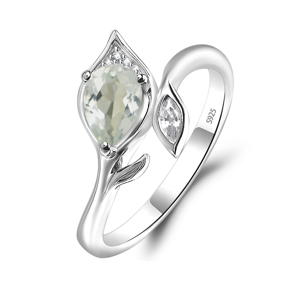 Pear Shaped Green Amethyst Leaf Engagement Ring - LUO Jewelry