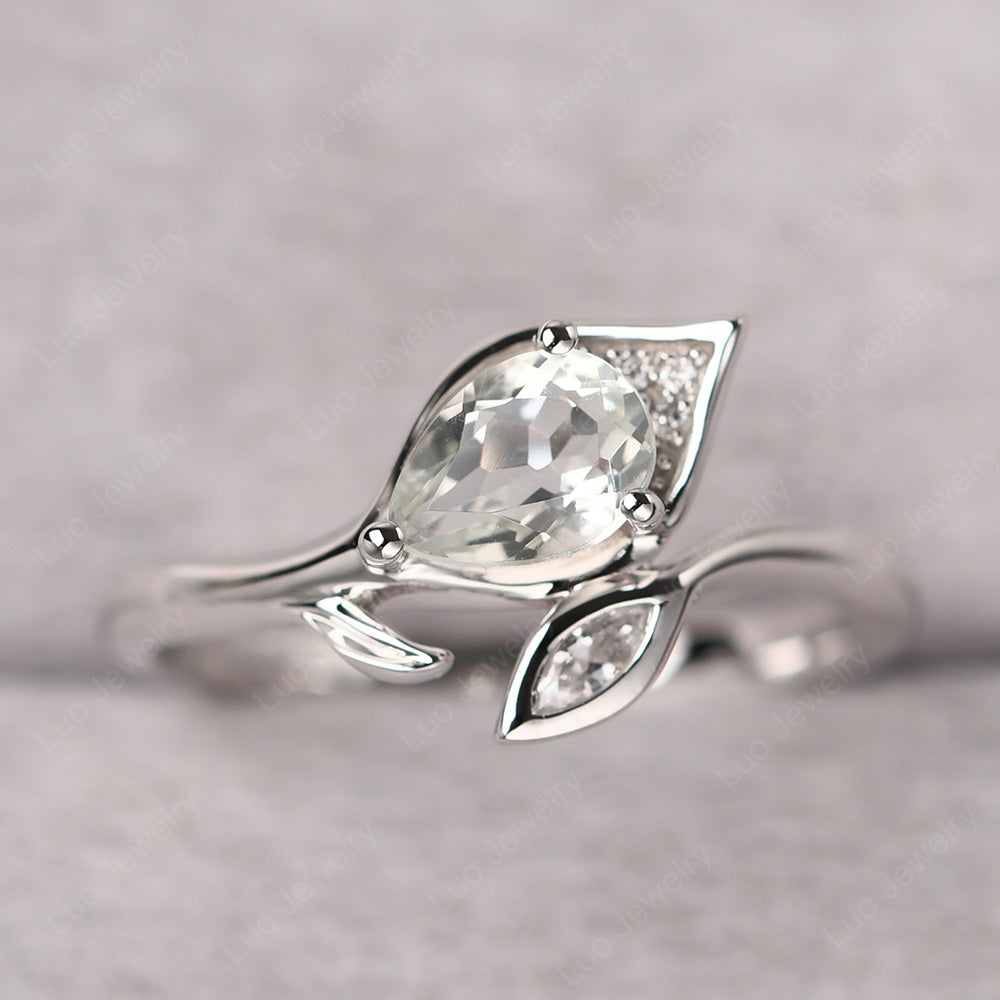 Pear Shaped Green Amethyst Leaf Engagement Ring - LUO Jewelry