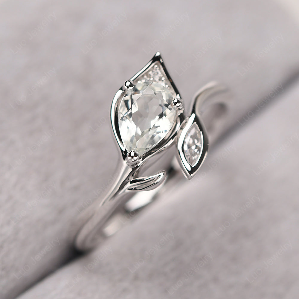 Pear Shaped Green Amethyst Leaf Engagement Ring - LUO Jewelry