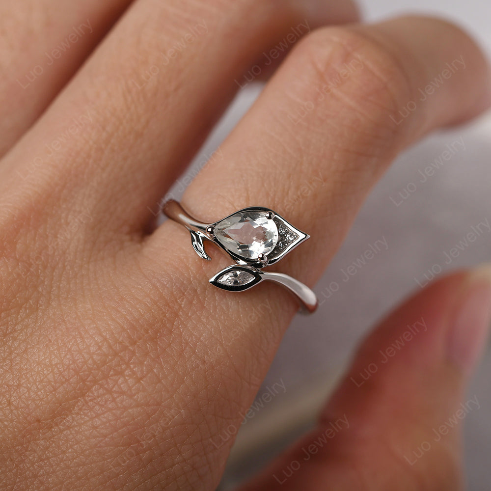 Pear Shaped Green Amethyst Leaf Engagement Ring - LUO Jewelry