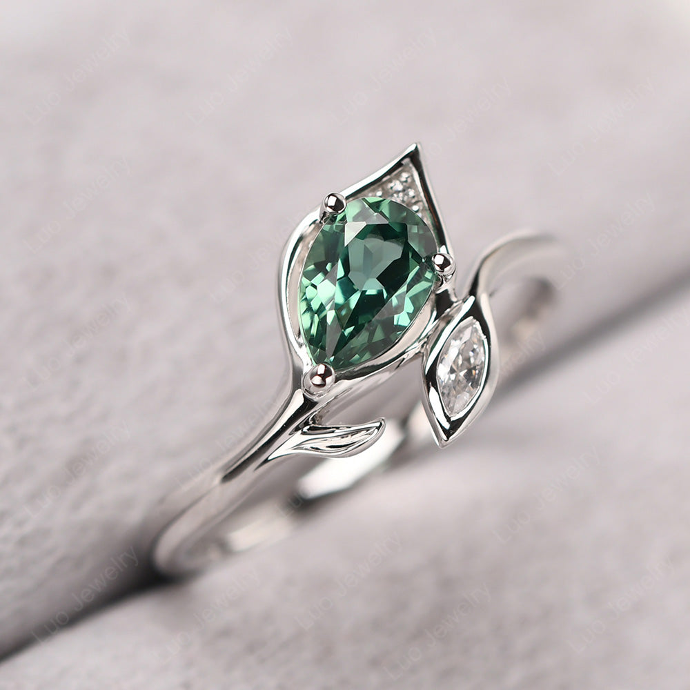 Pear Shaped Green Sapphire Leaf Engagement Ring - LUO Jewelry