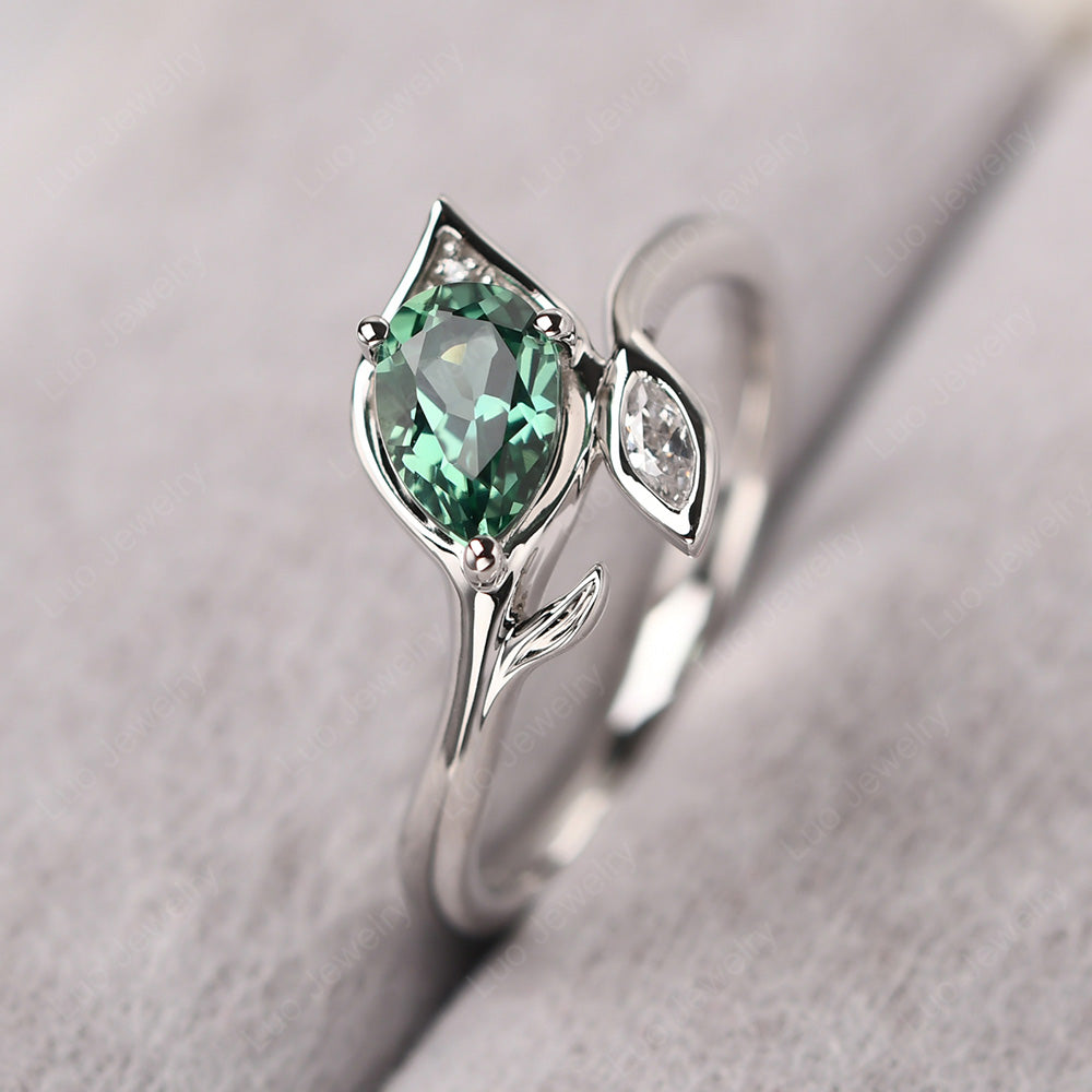 Pear Shaped Green Sapphire Leaf Engagement Ring - LUO Jewelry