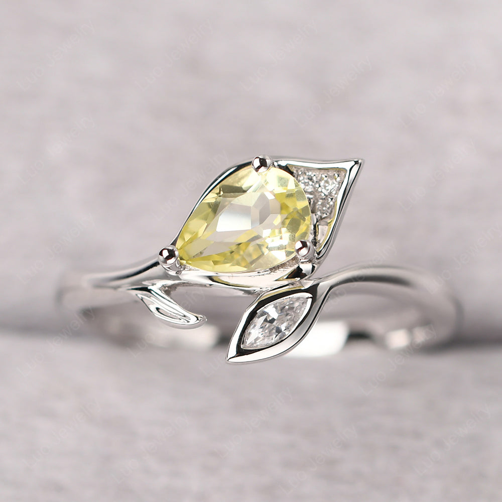 Pear Shaped Lemon Quartz Leaf Engagement Ring - LUO Jewelry