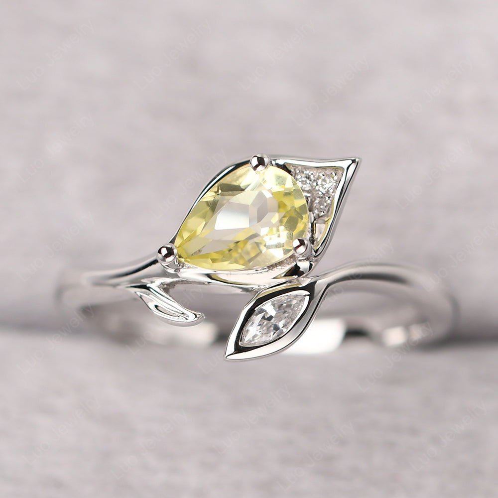 Pear Shaped Lemon Quartz Leaf Engagement Ring - LUO Jewelry
