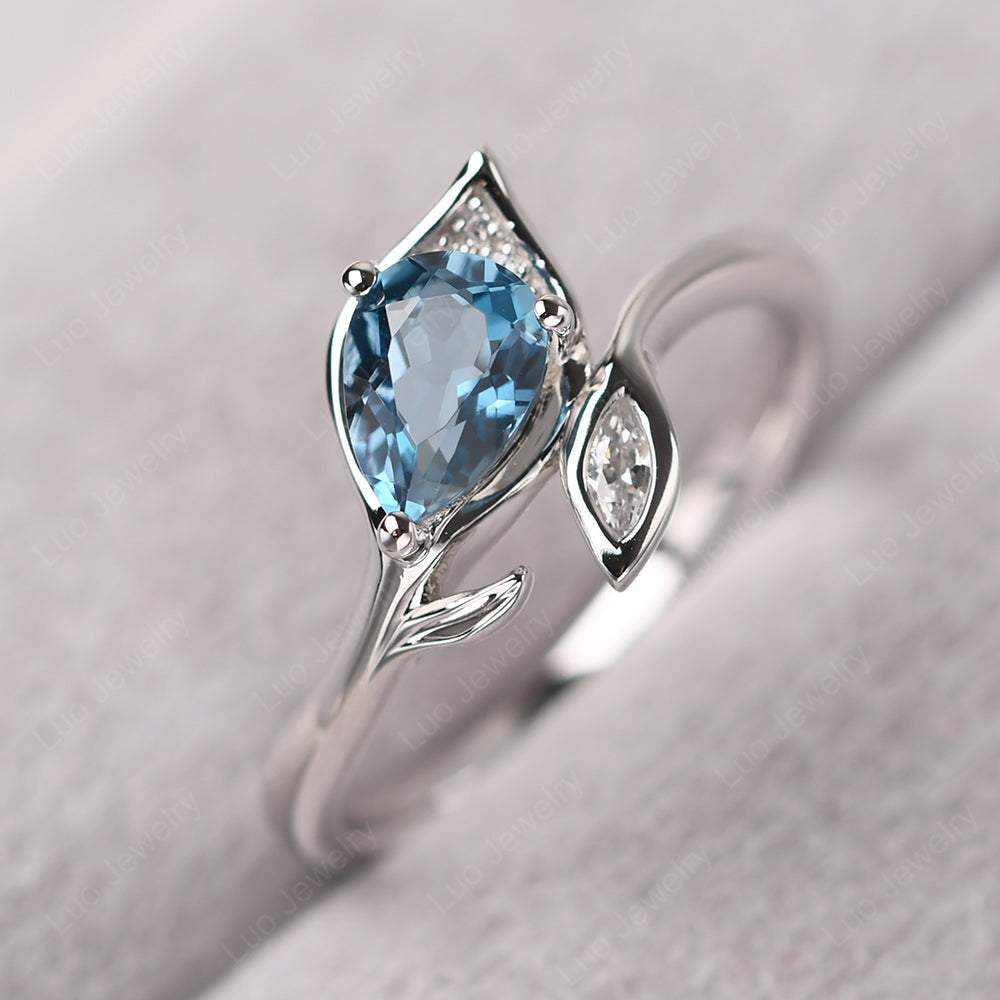 Pear Shaped London Blue Topaz Leaf Engagement Ring - LUO Jewelry