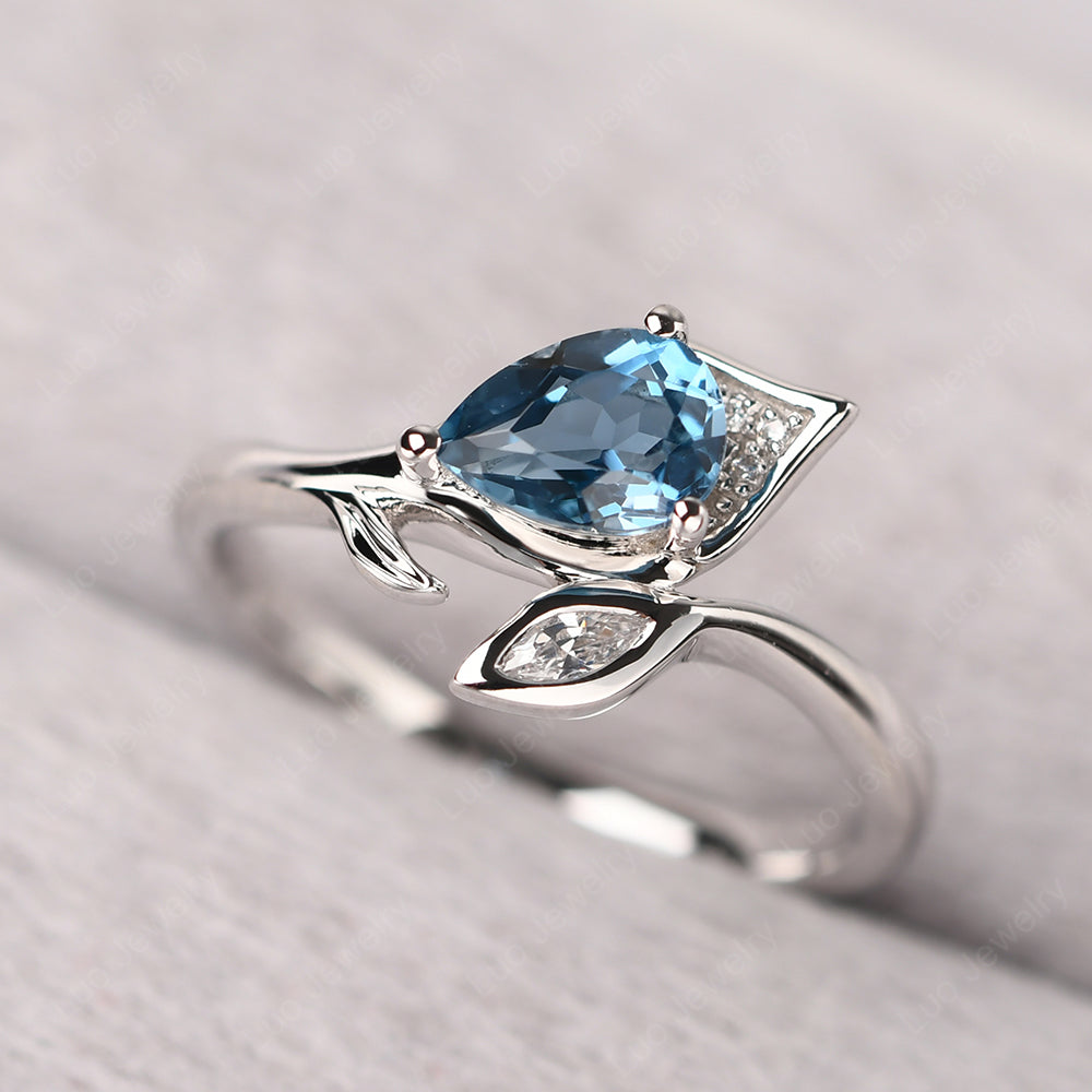 Pear Shaped London Blue Topaz Leaf Engagement Ring - LUO Jewelry
