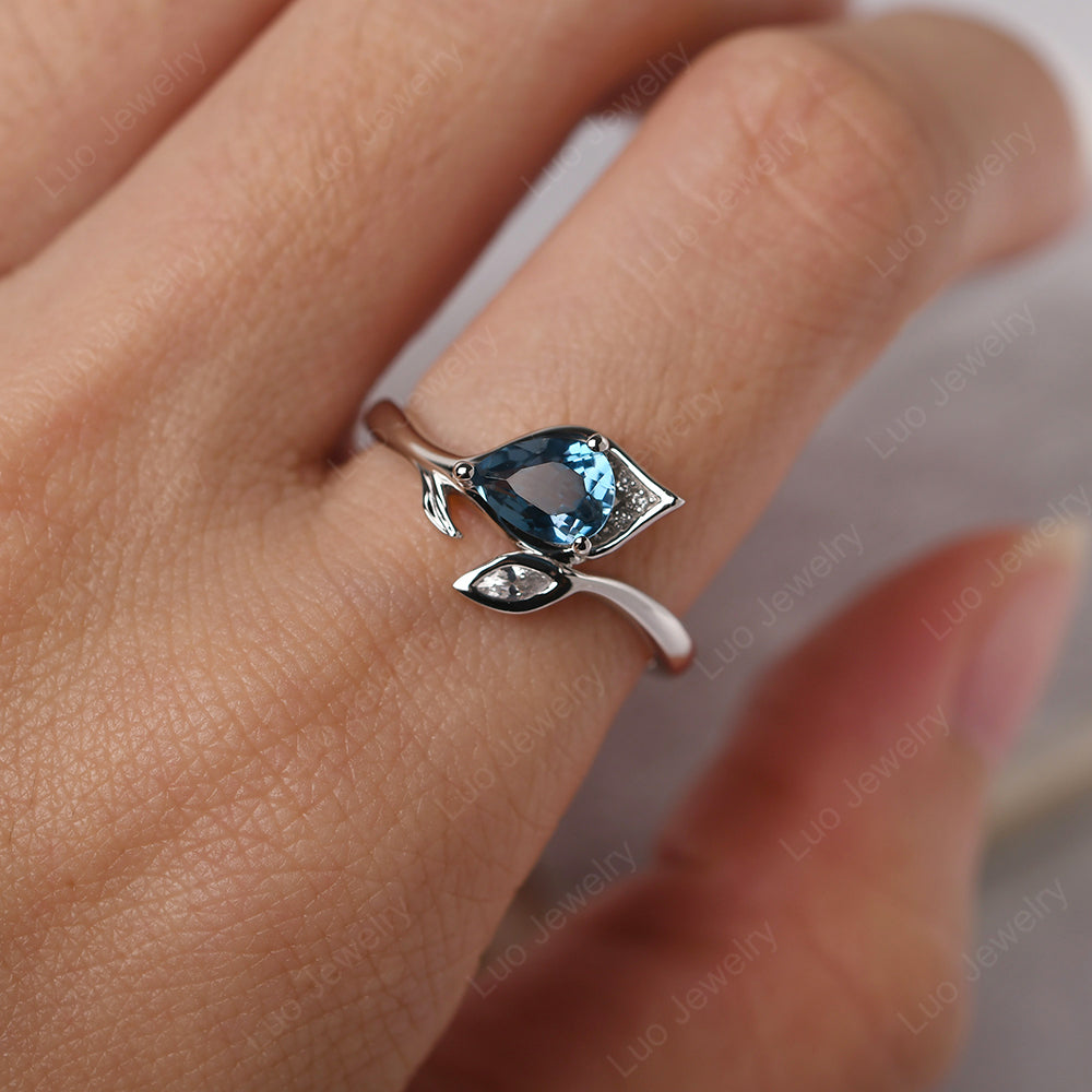 Pear Shaped London Blue Topaz Leaf Engagement Ring - LUO Jewelry