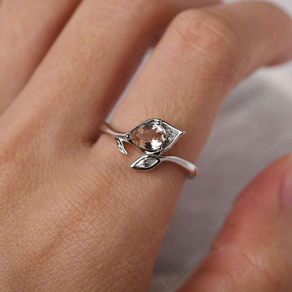 Pear Shaped Morganite Leaf Engagement Ring - LUO Jewelry