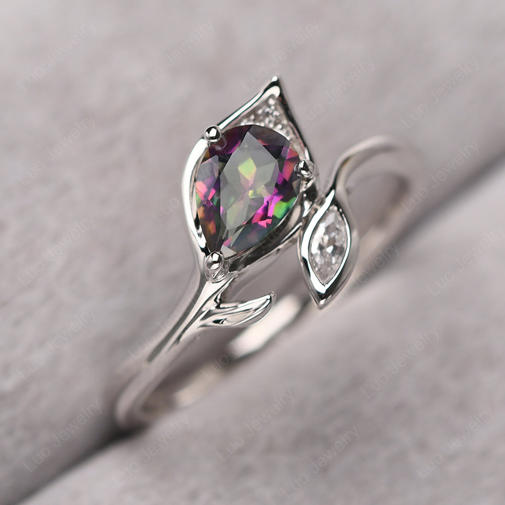 Pear Shaped Mystic Topaz Leaf Engagement Ring - LUO Jewelry