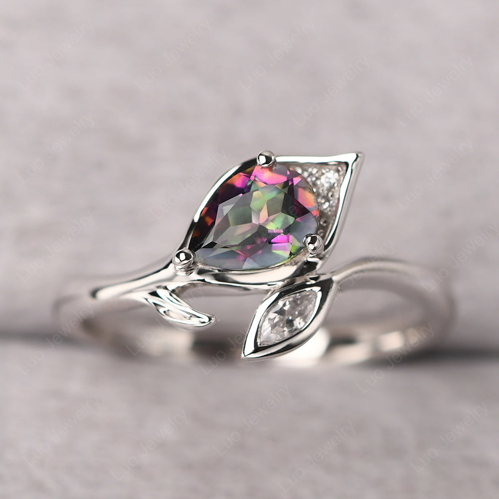 Pear Shaped Mystic Topaz Leaf Engagement Ring - LUO Jewelry