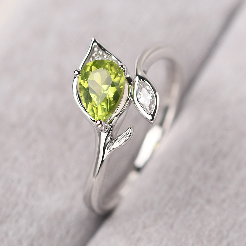 Pear Shaped Peridot Leaf Engagement Ring - LUO Jewelry