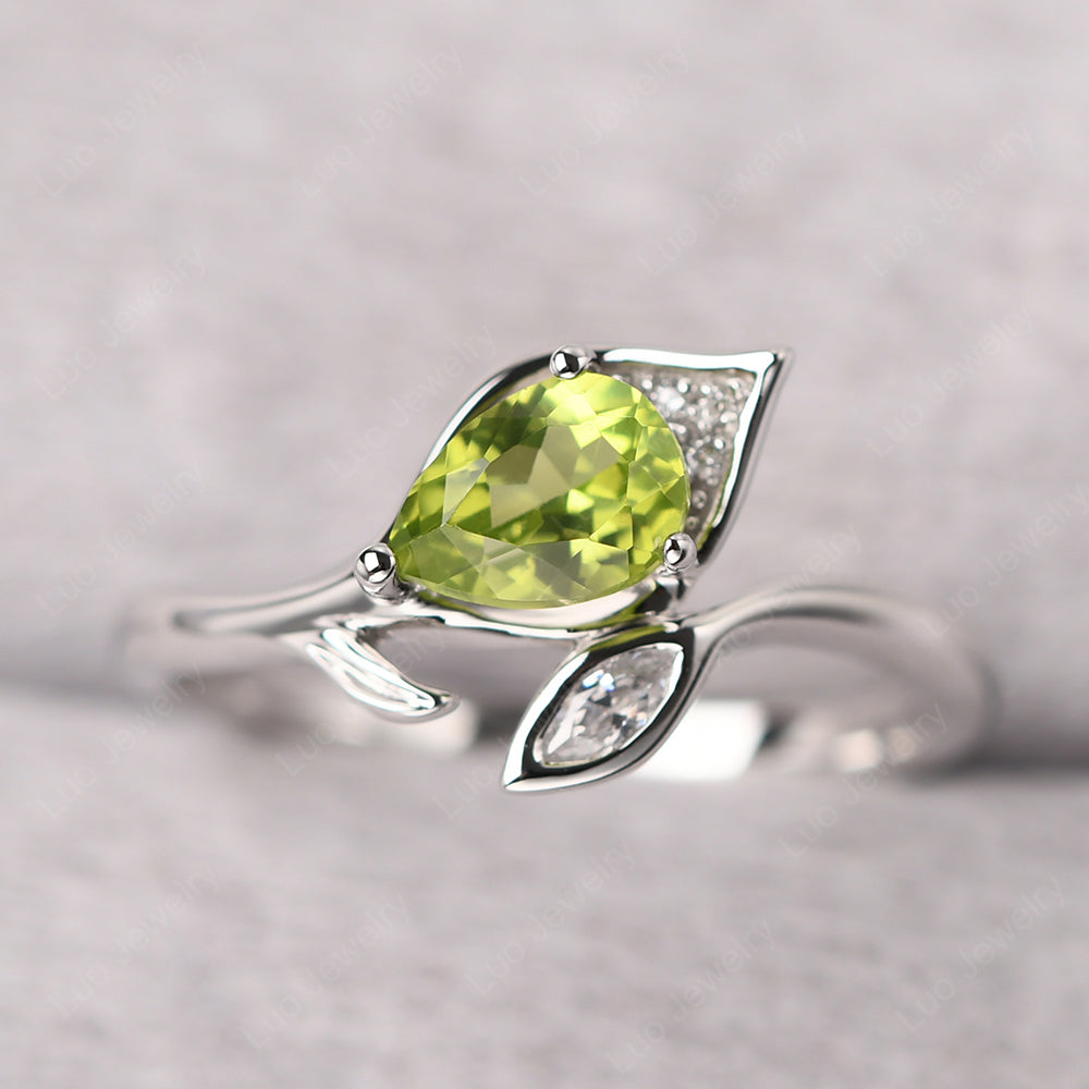 Pear Shaped Peridot Leaf Engagement Ring - LUO Jewelry