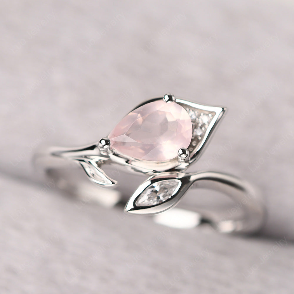 Pear Shaped Rose Quartz Leaf Engagement Ring - LUO Jewelry