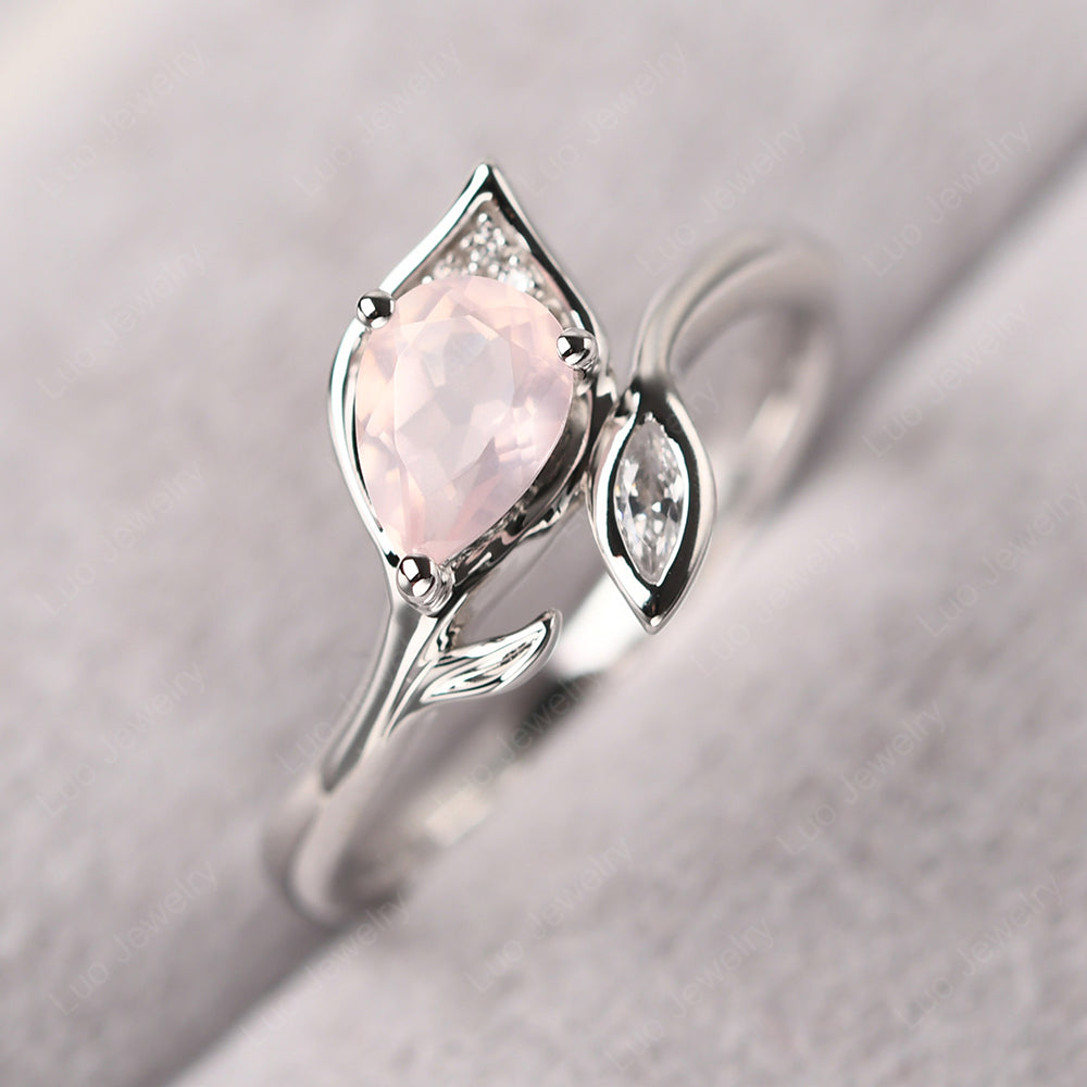 Pear Shaped Rose Quartz Leaf Engagement Ring - LUO Jewelry