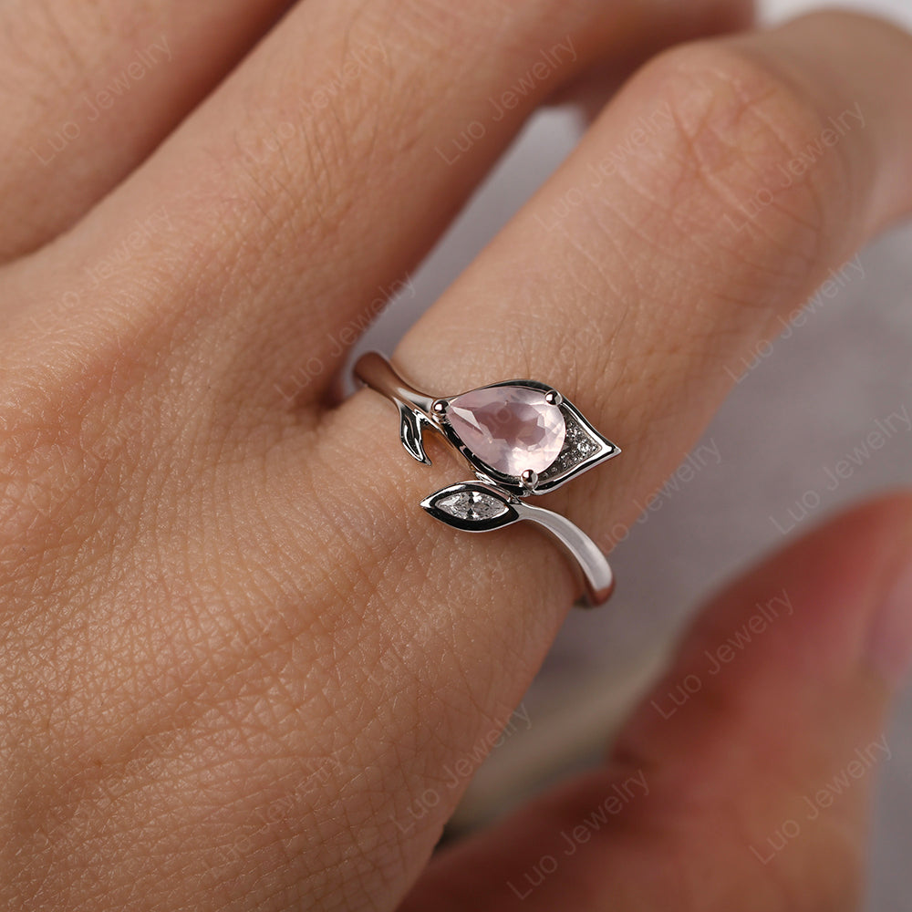 Pear Shaped Rose Quartz Leaf Engagement Ring - LUO Jewelry