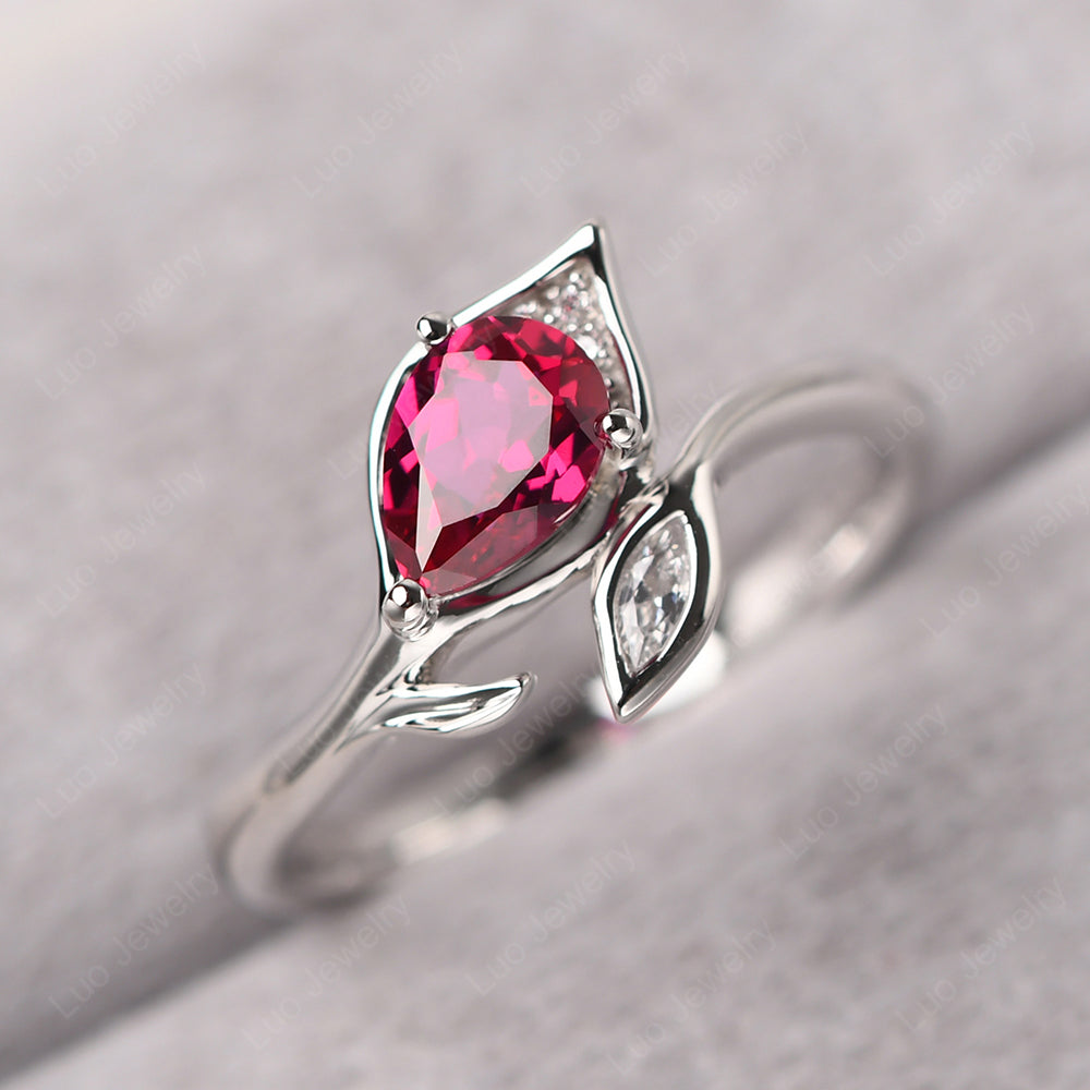 Pear Shaped Ruby Leaf Engagement Ring - LUO Jewelry
