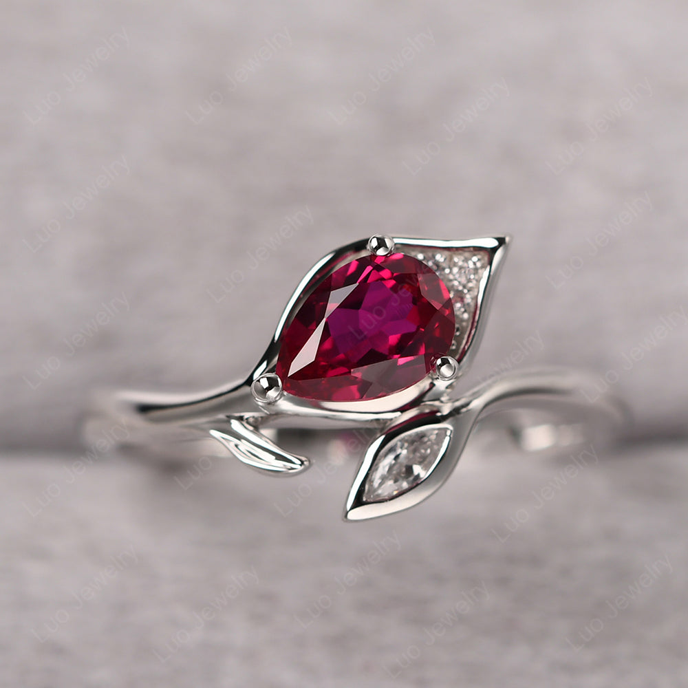 Pear Shaped Ruby Leaf Engagement Ring - LUO Jewelry