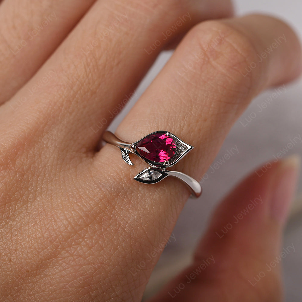 Pear Shaped Ruby Leaf Engagement Ring - LUO Jewelry